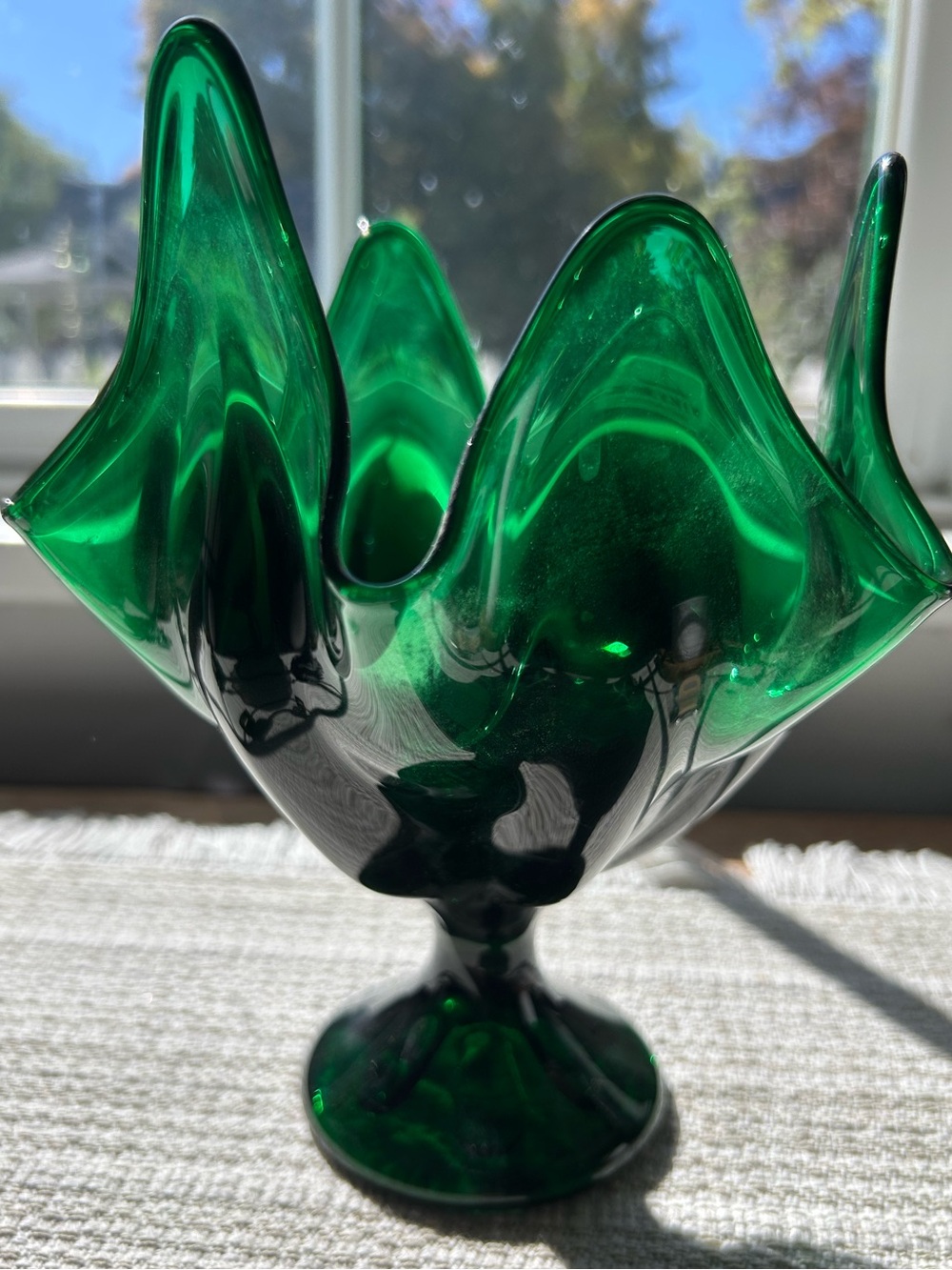 Vintage Viking Vase Petal Handmade Emerald Green Glass 6 Pedestal Cottagecore
